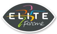 Le logo Elite Forme représente le dynamisme illustré par des lignes colorées symbolisant une silhouette sportive évoluant à l'intérieur d'un cartouche en forme d'œil évoquant le regard sur soi mais aussi l'expertise professionnelle.